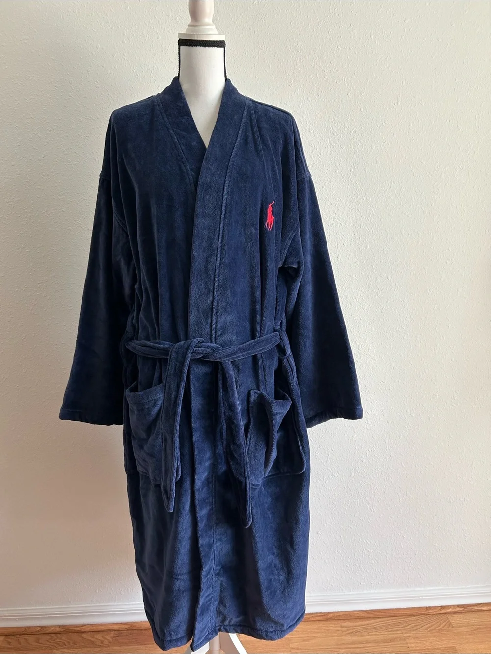 Polo Ralph Lauren Men's Robe Navy Blue Plush Shawl Collar Size S / M Logo